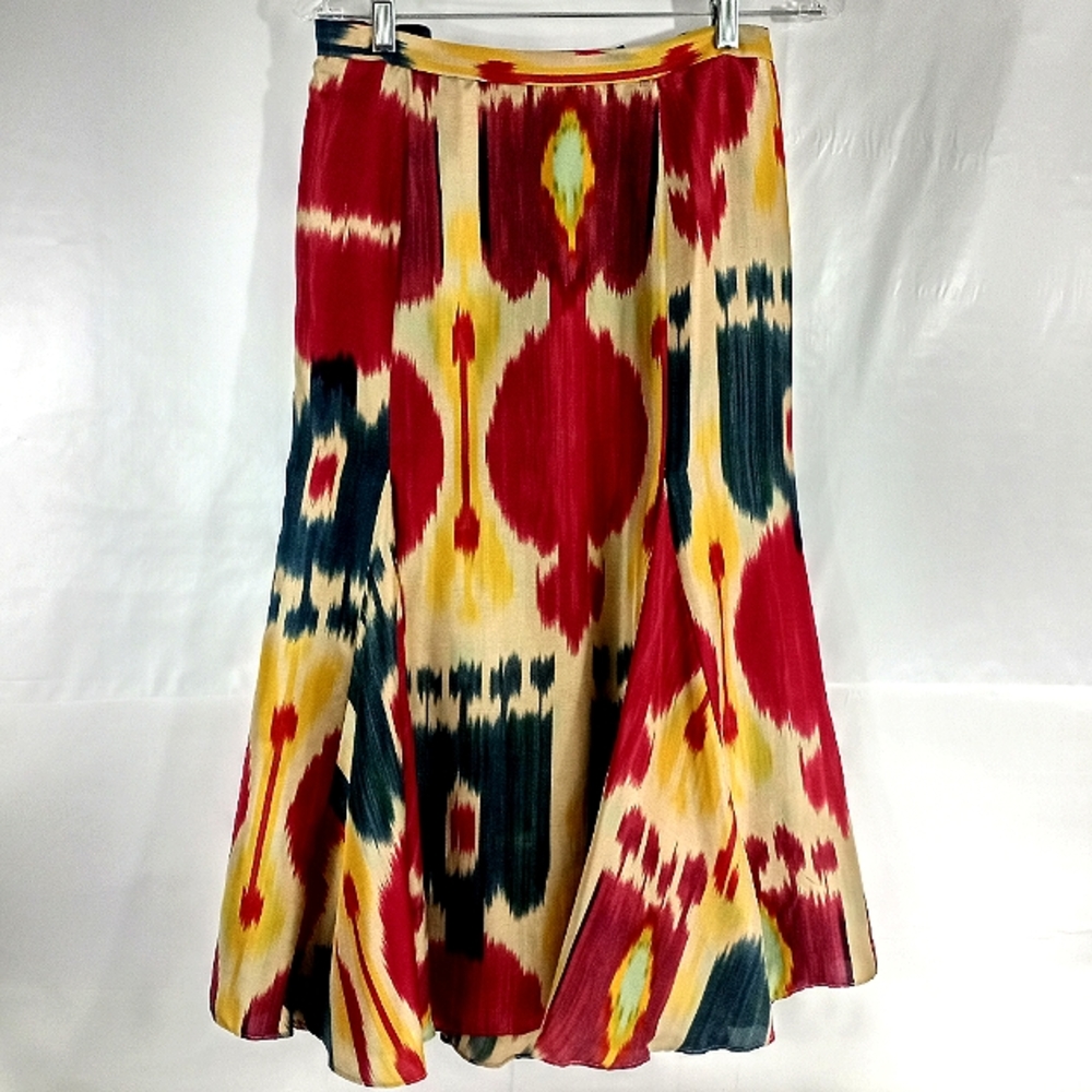 Lauren Ralph Lauren Silk Panel Skirt Geo Print Lined Tan Burgundy Teal 20W